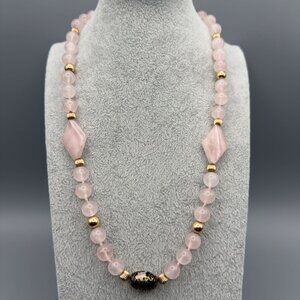 Vintage Rose Quartz Cloisonne Necklace 14K GF Floral Bead Pink Gemstone 22"